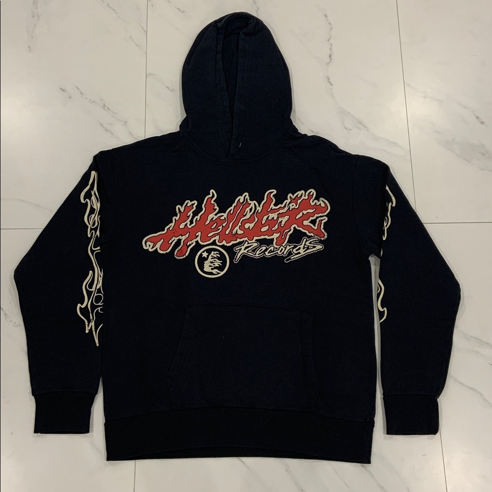 Hellstar Records Red Flames Black Hoodie Pullover Mens Size Large
